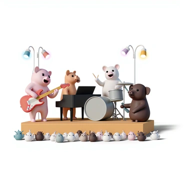 A group of four pigs, each with distinct colors, are performing on a small wooden stage. The first pig, which is pink, is playing a bright red electric guitar, with a joyful expression. The second pig, a light brown pig, is seated at a shiny black piano, focused on the keys. The third pig, a white pig with spots, is standing behind a set of silver drums, energetically hitting the cymbals. The fourth pig, a dark brown pig, is holding a microphone and singing passionately. Colorful spotlights illuminate the stage, and a small crowd of farm animals can be seen in front, enjoying the performance.