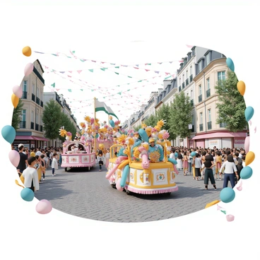 A bustling street festival in Paris, filled with excitement and vibrant energy. Colorful floats are parading down the cobblestone streets, adorned with bright flowers and flowing banners. Performers in elaborate costumes are dancing alongside the floats, showcasing intricate designs and lively movements. A crowd of people, wearing festive attire, gather and cheer, capturing the joyful atmosphere of the celebration. The iconic Parisian architecture, including ornate buildings and streetlamps, frames the scene, adding to the lively ambiance. Balloons and streamers are scattered throughout the area, enhancing the festive spirit of the event.