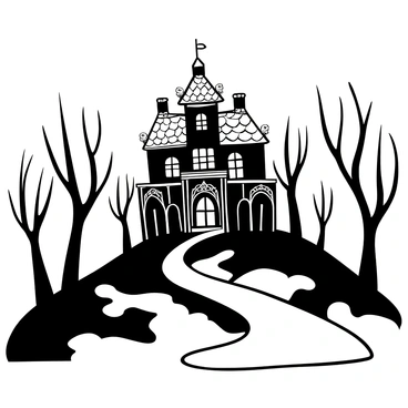 A large old mansion with intricate architectural details stands atop a hill, surrounded by swirling mist. The mansion has broken windows and a crumbling facade, with ornate gargoyles perched on the corners of the roof. Dark shadows stretch across the ground, blending with the fog that envelops the scene. Tall, withered trees line the path leading to the mansion, their branches reaching out like skeletal fingers. The atmosphere conveys a sense of intrigue and mystery, inviting curiosity about the secrets hidden within.