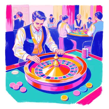 A player stands confidently at a roulette table, intently watching the spinning wheel. The table is covered with a green felt cloth, adorned with numbers and colors representing the bets. The player, wearing a stylish suit, has a focused expression while placing a stack of colorful chips on the table. The roulette wheel, made of polished wood with metallic accents, rotates swiftly, with a small silver ball bouncing around the numbered slots. The atmosphere is lively, with other players visible in the background, all engaged in the excitement of the game.