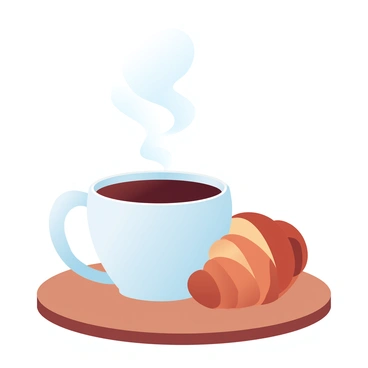 A steaming cup of coffee is placed on a small café table. The cup is white with a smooth texture, and wisps of steam rise gently from it. Beside the cup is a freshly baked croissant, golden brown and flaky, with crescent-shaped layers. The table has a wooden surface, and the background features a soft hint of a cozy café atmosphere, with subtle pastel colors harmonizing the scene.