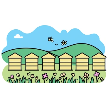 A sunlit meadow filled with blooming wildflowers. In the foreground, there are multiple beehives arranged in a neat row, painted in natural wood tones. Each beehive has a cylindrical shape topped with a sloped roof. The bees are visible flying around the beehives, gathering pollen from the surrounding flowers. The background features rolling green hills under a clear blue sky, providing a scenic and vibrant atmosphere.