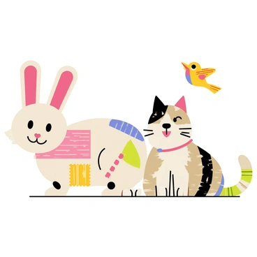 A group of cartoon animals assembled from various facture elements. The first animal is a rabbit constructed from colorful receipts, with pink and yellow patterns making up its body. Next to it is a dog designed using a collage of colorful stamps, with a textured fur appearance. A cat sits nearby, crafted from crumpled receipts, featuring stripes of different colors. In the background, a small bird made of ticket stubs flutters above, showcasing its unique wings. Each animal has friendly expressions, bringing life to the composition.