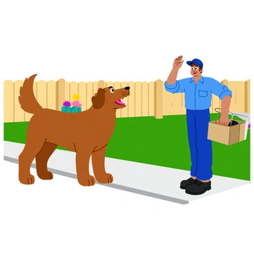 A brown dog with short fur stands with its body tense and ears perked up. The dog has its mouth open, revealing sharp teeth as it barks aggressively. In front of the dog, a mailman dressed in a blue uniform holds a bag and looks slightly cautious. The mailman is standing on the sidewalk, and a wooden fence surrounds the yard. The scene is filled with green grass and a few colorful flowers in the background. The dog's tail is raised high, emphasizing its protective stance.