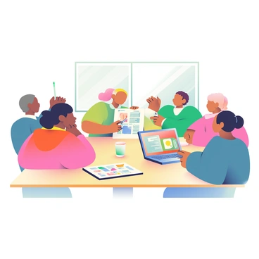 A diverse team of illustrators is gathered around a large, rectangular table with wooden surface. There are three men and two women, each with different hair colors including black, blonde, and brown. They are intently discussing a creative project brief that is laid out in front of them on the table. One illustrator is pointing at the brief with a pen, while another is holding a sketchbook filled with colorful illustrations. Nearby, a laptop with a vibrant screen displays design software, and a coffee cup rests next to it. Sunlight streams in through a window, illuminating the focused expressions on their faces as they collaborate on ideas.