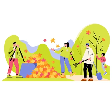A group of four neighbors working together in a local park filled with orange, yellow, and red autumn leaves. One neighbor is raking a large pile of leaves into a bright blue bag, while another neighbor is using a broom to sweep leaves from a pathway. A person wearing a green sweater is tossing leaves into the bag, and a child is playing nearby, jumping into a pile of leaves. The park features green trees with colorful foliage and a clear blue sky overhead.