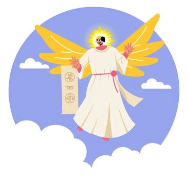 A winged divine messenger descending from the sky with a scroll in hand