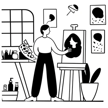 A female artist with long flowing hair is standing in a sunlit art studio, focused on her canvas. She is using a palette filled with various shades while holding a paintbrush in her right hand. The canvas displays an incomplete self-portrait that reflects her silhouette. The studio is filled with art supplies such as tubes of paint and brushes scattered on a table. Sunlight streams through large windows, casting geometric shadows on the wooden floor. Various artworks are hanging on the walls, adding to the creative atmosphere.