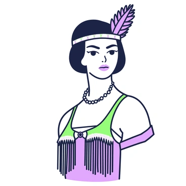 A portrait of a woman embodies the 1920s flapper style. She has short bobbed hair styled elegantly around her face. On her head, she wears a "feathered headband" adorned with plumes. Her dress is adorned with "beaded fringe" that glimmers, and she has a "string of pearls" around her neck. The woman has a confident expression, with bold makeup highlighting her features. She is set against a simple backdrop that emphasizes her outfit and accessories.