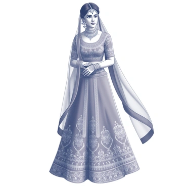 A traditional Indian bride is adorned in a beautifully designed lehenga. The lehenga has intricate patterns and detailed embroidery that enhance its elegance. She is wearing a matching dupatta, which is draped gracefully over her head and shoulders. The bride's hands are decorated with traditional henna designs. She has elaborate jewelry including a maang tikka on her forehead, statement earrings, and layered necklaces that add to her bridal look. The setting features a soft-focus background that highlights her stunning outfit and accessories.