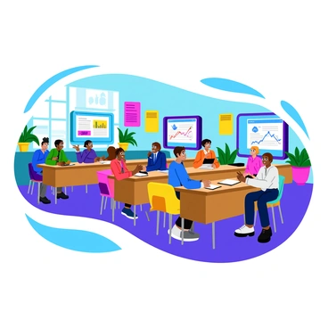 A bright classroom filled with students of diverse backgrounds engaged in learning about Ethereum. Each student is seated at their own desk, facing large interactive digital screens that display vibrant graphics related to Ethereum. Some screens show charts and diagrams illustrating blockchain technology, while others feature animated tutorials. The students are focused, with a few taking notes and others discussing among themselves. The classroom has colorful posters on the walls related to technology and finance, and there are potted plants near the windows, letting in plenty of natural light.