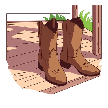 A pair of brown well-worn cowboy boots is resting side by side on a weathered wooden porch. The porch boards are aged and have a rustic texture, reflecting years of exposure to the elements. Sunlight casts soft shadows of the boots on the warm wood, emphasizing the creases and scuffs on the leather. In the background, there are hints of green grass peeking through the wooden slats of the porch.