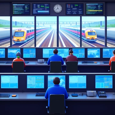 Operators in a high-tech control room are monitoring train movements displayed on large, high-resolution screens. The room features multiple computer workstations, each occupied by an operator focused on the task at hand. Various control panels filled with buttons and switches are positioned throughout the room. Bright LED lights indicate the status of different trains. Large windows offer a view of the train tracks outside, with trains moving in the background. The atmosphere is one of concentration and technology, with advanced equipment visible in the space.