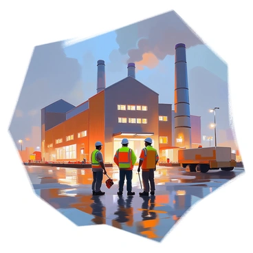 A night scene depicting a large industrial factory with several glowing windows that illuminate the surrounding area. The factory is composed of brick and metal structures, with smokestacks rising against the dark sky. In the foreground, a group of workers wearing bright reflective vests are engaged in conversation as they gather near the entrance. They have various tools and equipment in hand, and their expressions reflect focus and determination. The scene is enhanced by soft shadows and the faint glow emanating from the windows, suggesting activity within.