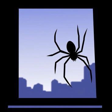 A spider silhouette with delicate, elongated legs is perched on the edge of a window. The window frame is dark, contrasting with the soft gradient of the dusk sky, which transitions from deep blue at the top to lighter hues near the horizon. The environment outside the window features subtle hints of shadowy shapes, implying trees or buildings in the background. The silhouette of the spider is sharply defined against the fading light, capturing the intricate details of its body and legs.