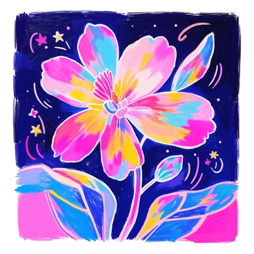 A glowing flower is depicted with abstract shapes and swirling lines. The petals are vibrant and filled with a mix of bright colors, including pink, blue, and yellow. The background showcases a gradient of deep purple and black, enhancing the glow of the flower's neon colors. The swirling lines create a sense of movement around the flower, giving it a dynamic appearance.