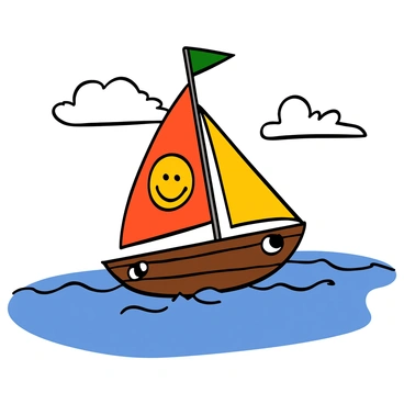 A cartoon sailboat with a bright, colorful sail featuring a big smile on its bow is gliding across a calm blue sea. The water is depicted with gentle waves, reflecting the sunlight in a sparkling manner. The sailboat has a cheerful expression and cartoonish features, such as big, friendly eyes on its hull. In the background, there are a few fluffy white clouds in a clear blue sky, adding to the lighthearted atmosphere of the scene.