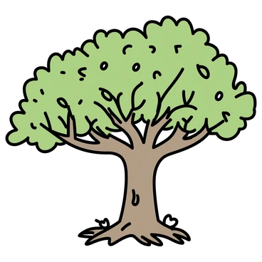 An ancient tree with a thick trunk and sprawling branches, covered in lush green leaves. The roots are visibly deep and gnarled, spreading out into the ground. Small creatures, such as birds and insects, can be seen among the leaves and near the roots, indicating a vibrant ecosystem. The tree stands tall against a simple background, embodying the essence of nature.