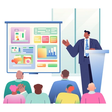 A confident speaker with medium skin and short black hair is standing at a podium, presenting a business plan to an attentive audience. The speaker is wearing a tailored navy blue suit with a white shirt and a patterned tie. Behind the speaker, a large screen displays colorful slides with graphs, charts, and bullet points outlining the business plan. The audience is made up of diverse individuals, some taking notes while others are looking up at the screen. The room is well-lit, with a modern design featuring large windows in the background.