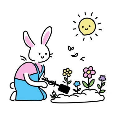 A character resembling a simple, cartoon-like bunny is kneeling on the ground in a bright and cheerful garden. The bunny is wearing a blue apron and is holding a small trowel in its hand. Colorful flowers in various shapes and sizes are being planted in the soil around it. The garden is filled with vibrant green grass, and a few butterflies can be seen fluttering above the flowers. The sun is shining brightly, creating a warm, inviting scene.