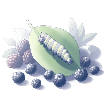 A caterpillar is resting on a large, green leaf. It is surrounded by a variety of ripe, plump berries, including blackberries and raspberries, scattered around. The scene captures the caterpillar's detailed segmented body, contrasting with the textured surface of the berries. Sunlight is filtering through, illuminating the scene and creating soft shadows on the ground beneath. The background includes hints of foliage, enhancing the natural setting.