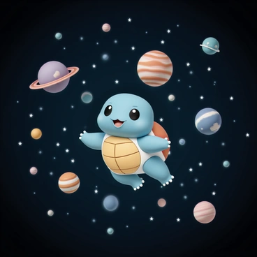 A blue Squirtle, with its shell clearly visible and a playful expression, is floating in space. The background is filled with numerous planets of varying sizes and colors, each with unique surface details. Bright stars twinkle in the dark expanse of space, creating a vivid contrast. The Squirtle's limbs are slightly outstretched, giving the impression of gentle movement as it drifts among the celestial bodies.