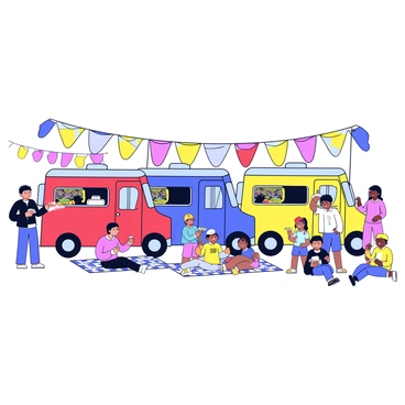 A row of food trucks in various colors, including red, blue, and yellow, parked closely together at a city festival. Each truck has a unique design, showcasing vibrant graphics and serving windows. People of different ages are gathered around the trucks, smiling and enjoying their meals. Some are holding plates of food, while others are sipping drinks. Colorful banners and decorations hang above the scene, adding to the festive atmosphere. The ground is lined with checkered picnic blankets where some families are sitting and sharing food.