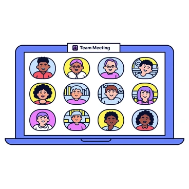 A virtual meeting screen displaying a grid of faces of team members. Each participant has a circular video frame. Some team members are smiling while others are engaged in conversation. Various backgrounds can be seen in the frames, showing home offices, bookshelves, and indoor plants. The screen features a toolbar at the bottom with icons for mute, video toggle, and chat. There is a text box displaying "Team Meeting" at the top of the screen.