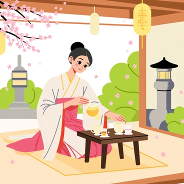 A miko dressed in a traditional red and white kimono is seated on a tatami mat, gracefully pouring tea into a delicate porcelain cup. The scene is set in a shrine with wooden beams and soft lantern light illuminating the surroundings. A small wooden table is placed in front of her, adorned with various tea ceremony utensils. Cherry blossom petals gently fall around her, enhancing the peaceful atmosphere of the shrine. In the background, a stone lantern and a small wooden torii gate are visible, surrounded by lush greenery.