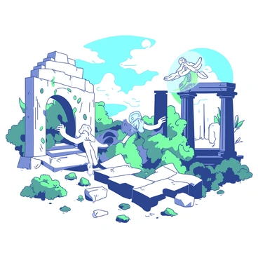 An intricate scene depicting historic ruins made of weathered stone and ancient columns under a clear sky. The ruins show signs of age and nature reclaiming them with vines and greenery creeping up the structures. Ethereal spirits in various poses are wandering around the ruins, appearing slightly translucent. One spirit is hovering near a crumbled wall, while another is playfully interacting with a piece of fallen masonry. The spirits have soft glowing outlines, enhancing their otherworldly presence.