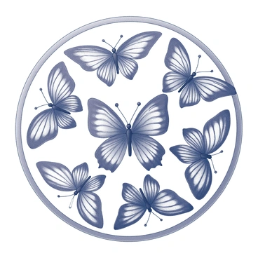 A circular mandala design composed of butterflies. Each butterfly is depicted with detailed patterns on its wings, showcasing a variety of shapes and sizes. The butterflies are arranged in a symmetrical pattern, radiating outward from the center of the mandala. The overall design features repeating elements and intricate lines that create a mesmerizing effect. Each butterfly's positioning complements the curvature of the mandala, enhancing the flow of the composition.