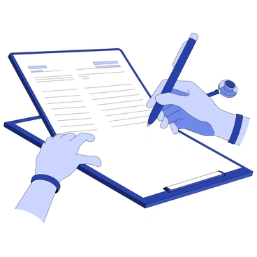 A close-up of a doctor's hand holding a pen, writing notes on a patient's medical chart. The hand is wearing a wristwatch, and the chart is filled with printed lines for notes. There is a clipboard beneath the chart, and a stethoscope is visible in the background. The pen is sleek and shiny, gliding smoothly across the paper. The doctor's fingers are poised delicately, capturing the essence of focused documentation.