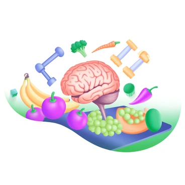 A visual of fruits, vegetables, and exercises surrounding the brain to represent brain health