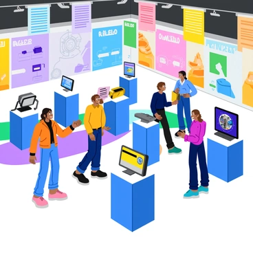 A vibrant public exhibition featuring an array of PMAT inventions displayed on sleek, modern pedestals. Colorful banners hang from the ceiling, highlighting each invention with engaging descriptions. Various visitors are seen interacting with the displays, some examining a futuristic gadget with curiosity, while others are engaged in conversation in front of a large interactive screen. Bright lights illuminate the space, creating an inviting atmosphere. The floor is covered with a smooth, polished surface that reflects the activity and excitement of the exhibition.