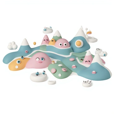 A whimsical map, featuring various regions that represent different facial features. The region representing "eyes" is depicted with large, colorful shapes resembling various eye styles, including round, almond, and cartoonish designs. The "noses" region is illustrated with different nose shapes and sizes, ranging from small and pointed to broad and flat, each in vibrant colors. The "lips" area showcases an assortment of lip shapes and colors, from thin to full, with some lips appearing in playful shades like bright red and pastel pink. Connecting these regions are winding paths, dotted with small icons like eyelashes and nose hairs, creating a cheerful, engaging landscape.