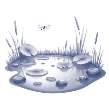 A pond filled with clear water reflecting its surroundings. The surface is dotted with lily pads, their large leaves floating gently. Tall reeds and cattails grow along the edges of the pond, providing shelter for various animals. Several dragonflies dart above the water, their wings glistening in the light. A small frog sits on a rock near the water's edge, poised and alert. Under the water, schools of small fish swim around submerged plants. The scene captures the intricate relationships between the plants and animals that thrive in this ecosystem, all interconnected through the natural water cycle.