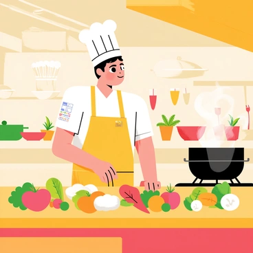 A chef wearing a white hat and a colorful apron stands in a bustling kitchen filled with pots, pans, and various kitchen utensils. The chef has a focused expression while staring thoughtfully at an array of fresh ingredients, including vibrant vegetables, herbs, and spices, spread out on a wooden countertop. Behind the chef, there are busy kitchen staff working on different dishes, and the kitchen is filled with the warm glow of overhead lights. Steam rises from a pot on the stove, adding to the lively atmosphere of culinary creativity.