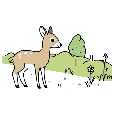 A small roe deer, with soft brown fur and white patches on its coat, is standing at the edge of a gravel country road. Its large, dark eyes are alert as it cautiously watches cars pass by. The scene is set in a rural area with green grass and scattered wildflowers framing the road. The background features blurred trees and a clear sky, enhancing the focus on the deer. The deer stands still, its ears perked up, indicating its awareness of the passing vehicles.