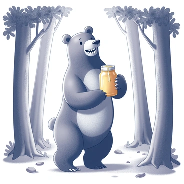 A bear standing on its hind legs in a forest. It has a wide grin on its face, showcasing its teeth. The bear is holding a jar of honey that is dripping from the sides, with honey droplets falling to the ground. Surrounding the bear are tall trees with textured bark and lush foliage. The ground is covered with scattered leaves and small patches of grass. Sunlight filters through the branches, casting dappled shadows on the forest floor.