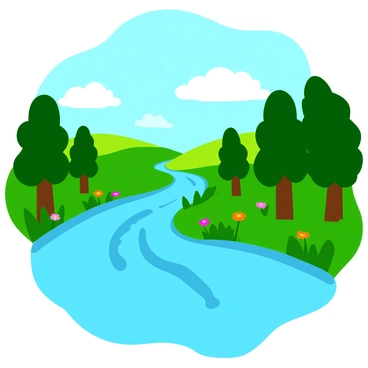 A river with a soft, ethereal glow flows gently through a vibrant landscape. The water is crystal clear, reflecting hues of blue and green as it meanders. Lush greenery lines the banks, featuring tall trees with broad leaves and colorful wildflowers dotting the landscape. In the background, gentle hills rise, their slopes covered in vibrant grass. The sky above is bright blue with fluffy white clouds scattered throughout. Sunlight filters through the leaves, creating a dappled light effect on the river's surface.