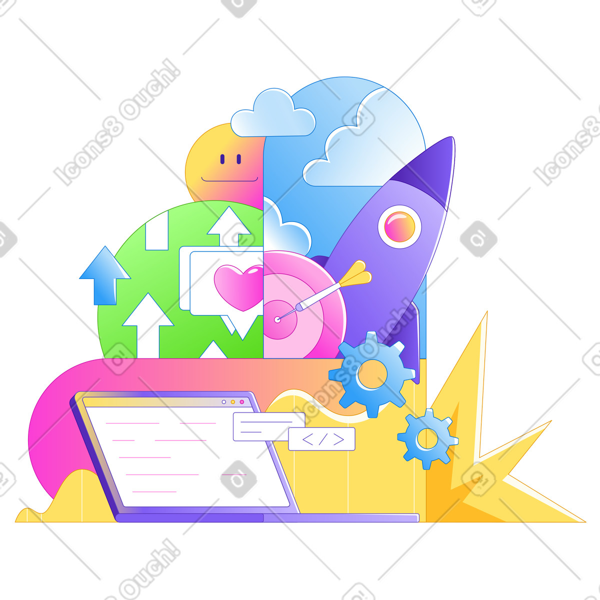 Preparazione del lancio di una startup su laptop illustrazione in stile Rainbow scarica in PNG, SVG