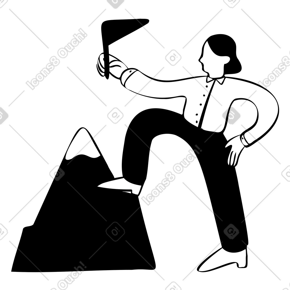 Ilustração de Mulher alcançando seu objetivo e plantando bandeira no cume em PNG e SVG