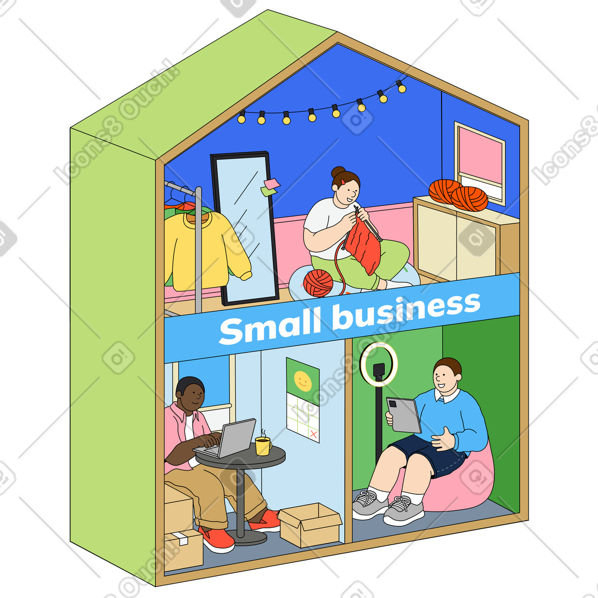Small business environment, teamwork and community collaboration illustration in Kindy style download in PNG, SVG