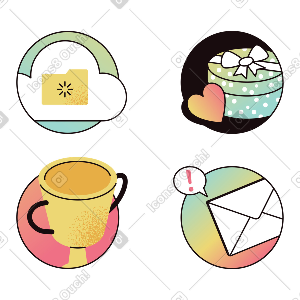 Cloud folder, gift box, trophy and mail icons, Productivity app UI elements illustration in PNG, SVG