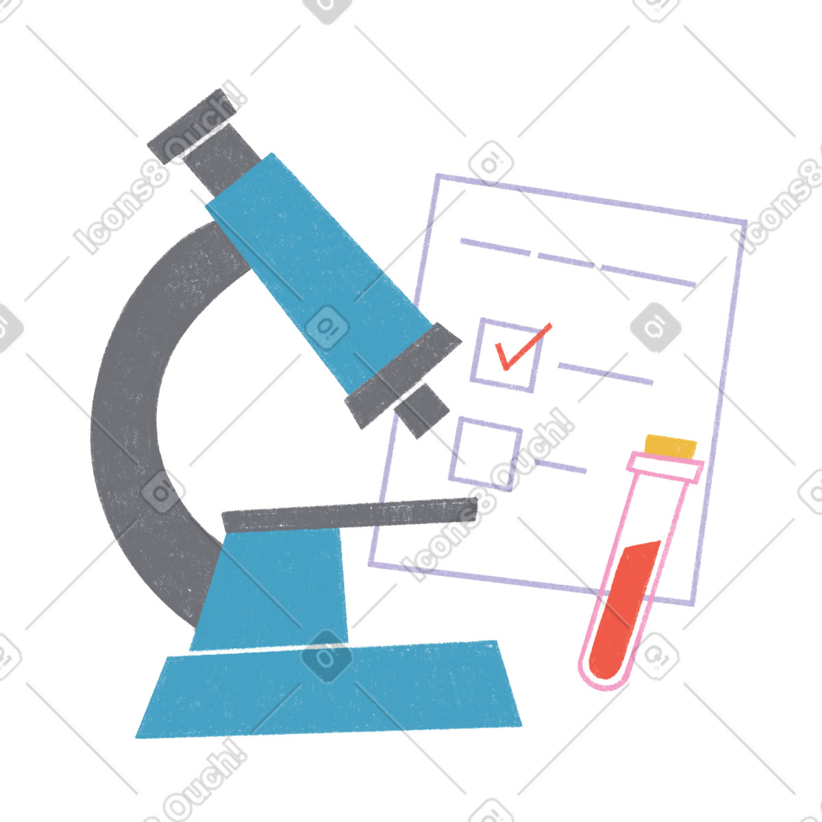 Illustration Microscope, flacon chimique et document comme analyse biologique dans le style Tutti à télécharger aux formats PNG, SVG