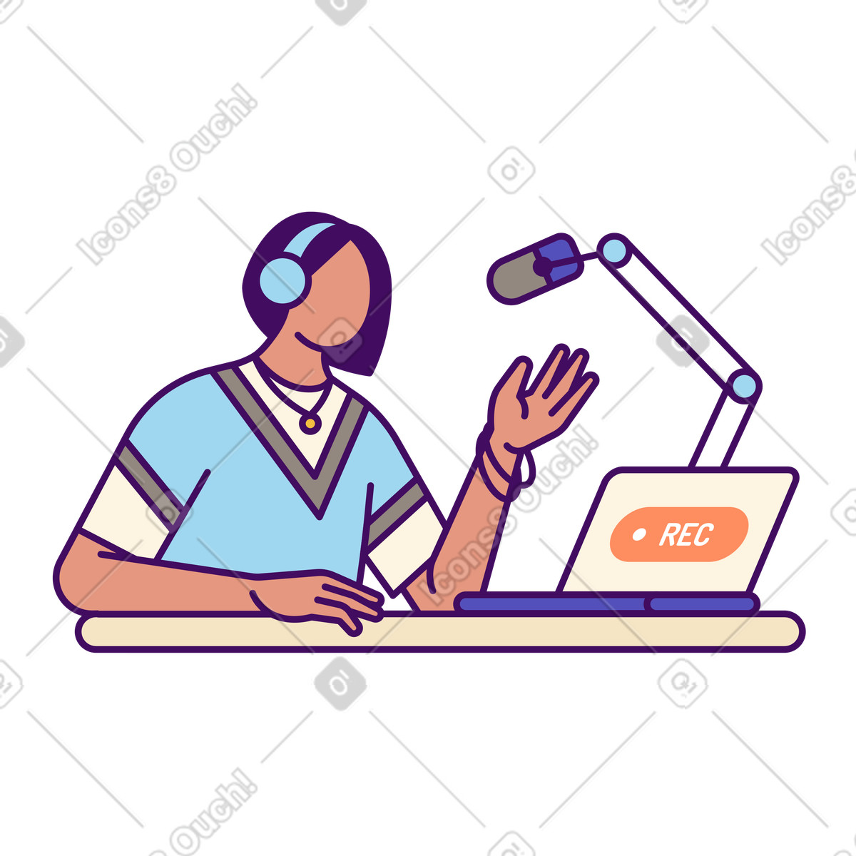 Ilustración Content creator recording audio at desk, Podcasting or online broadcasting en estilo Simplistic a descargar en PNG y SVG