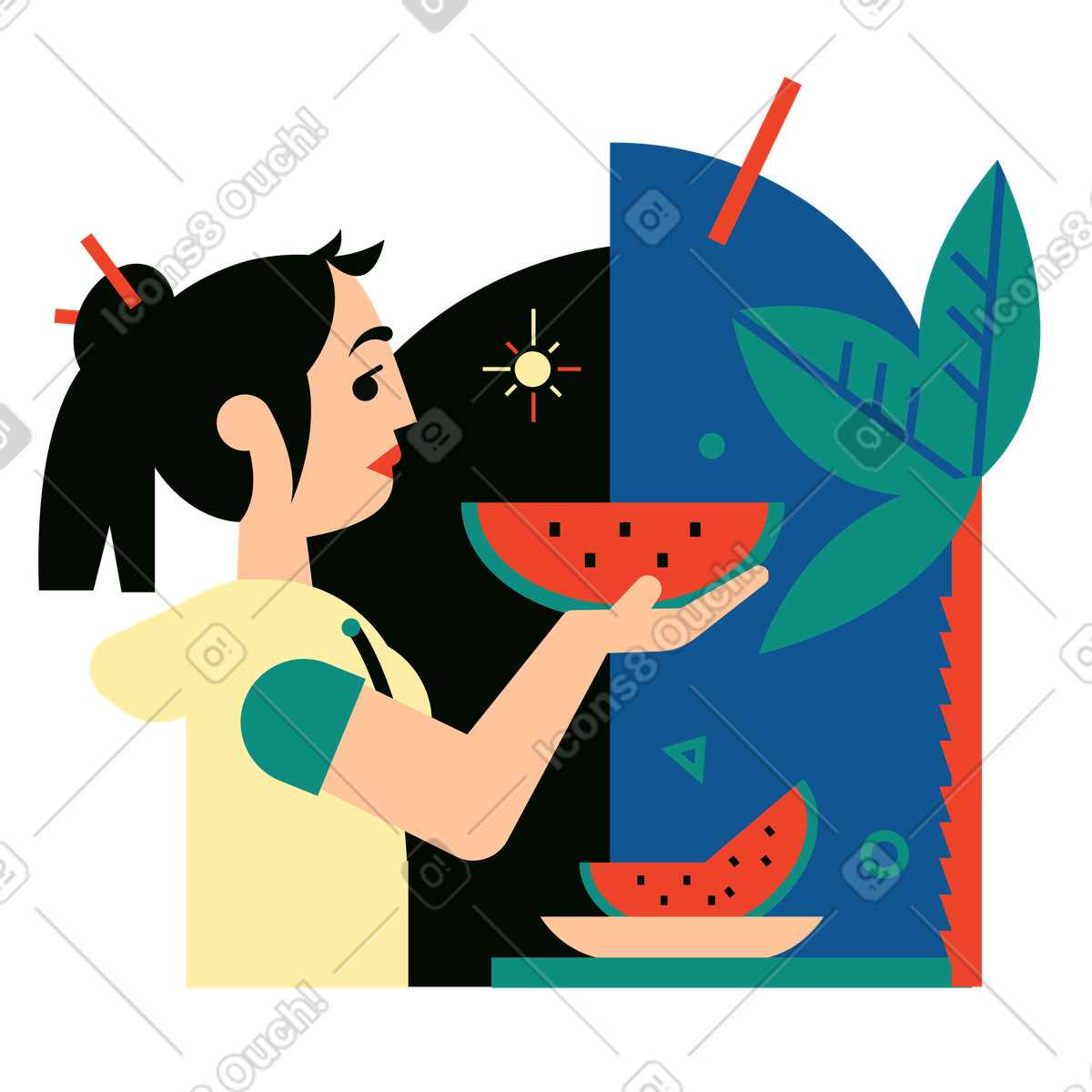 Illustration Femme mangeant une pastèque en été dans le style Polar à télécharger aux formats PNG, SVG