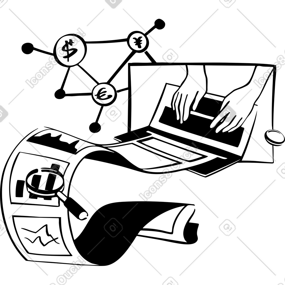 Person, die einen laptop mit einem langen diagrammblatt benutzt-Illustration im Line-Stil als Download in PNG, SVG