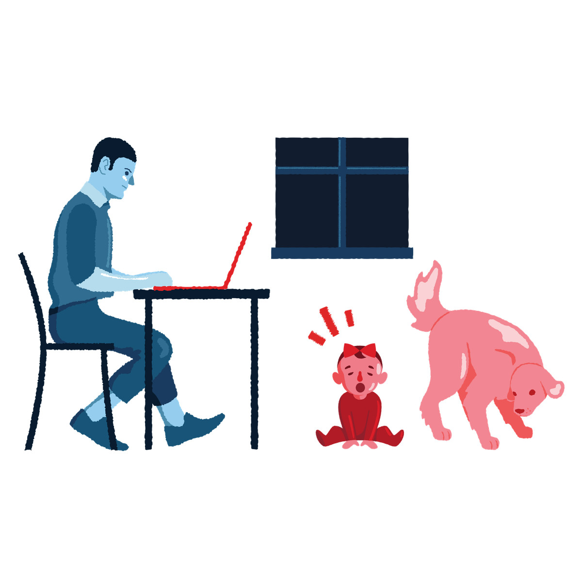 Ilustração de Remote worker at desk with child and dog, Work from home challenges em no estilo Cherry para baixar em PNG, SVG