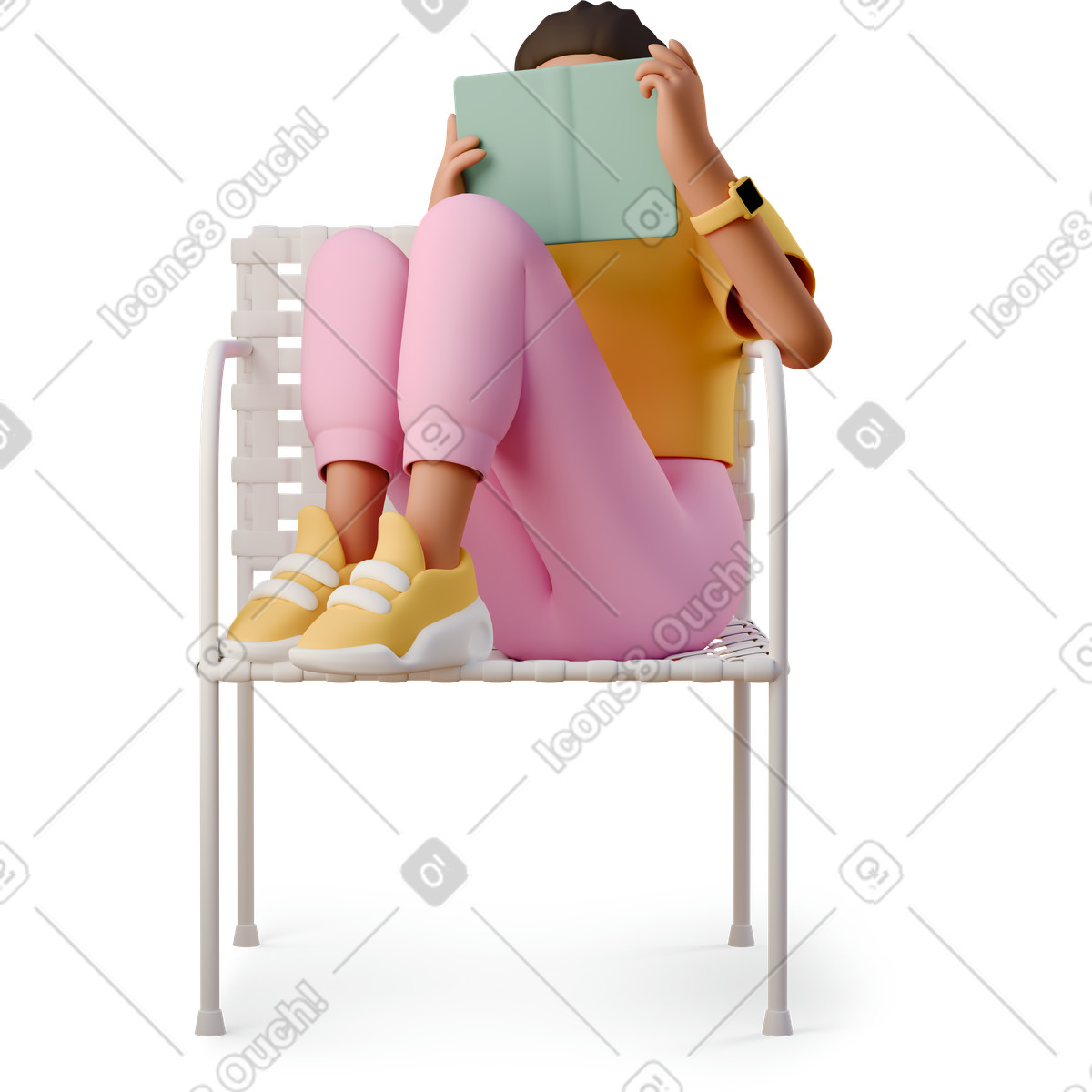 3D Casual life スタイルの Reader sitting cross legged on armchair with book, home reading and quiet time のイラストをPNG、SVG形式でダウンロード